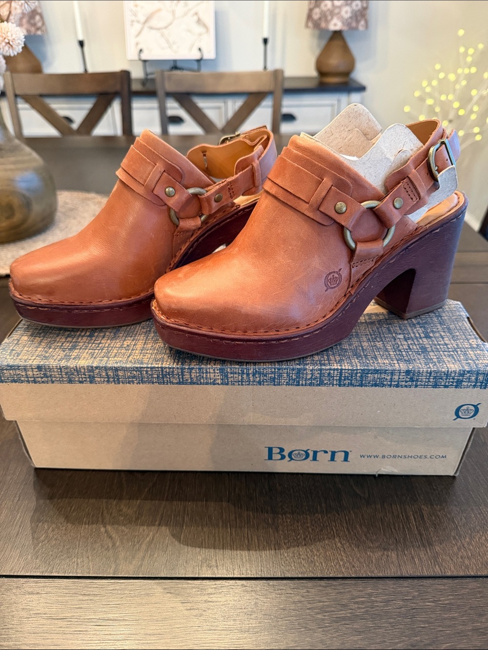 Born Women's Cognac Leather Clog Heels with Buckle Strap
